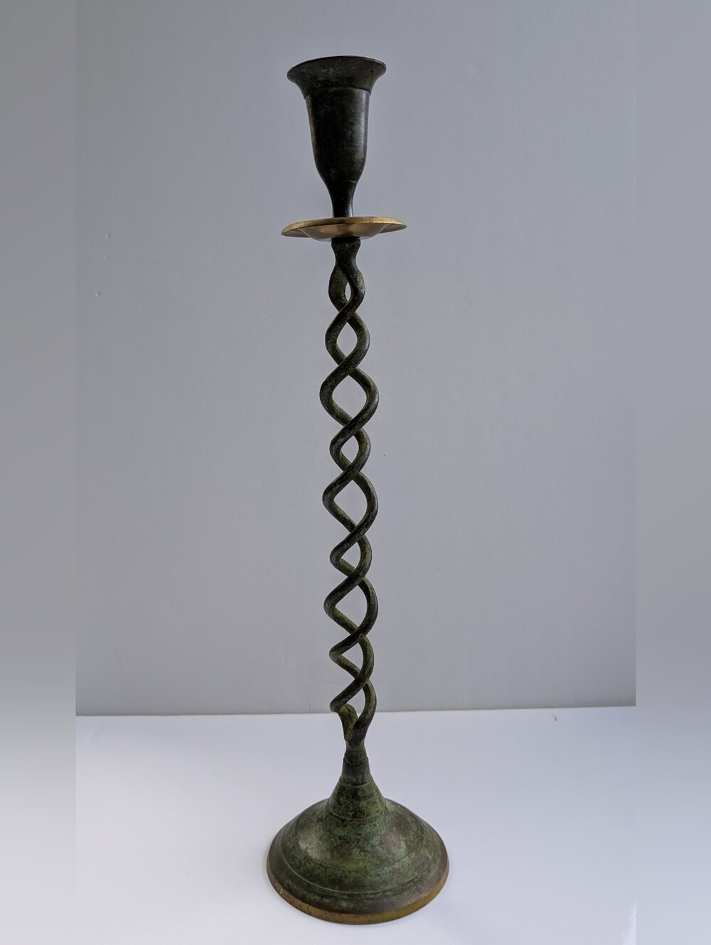 Vintage Tall Brass Candleholder 15 3/4" Antiqued Finish Spiral Design India